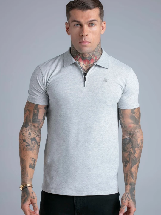 Zdjęcie produktu SikSilk Męska Szara Melange'owa Koszulka Polo z Zamkiem T-Shirt