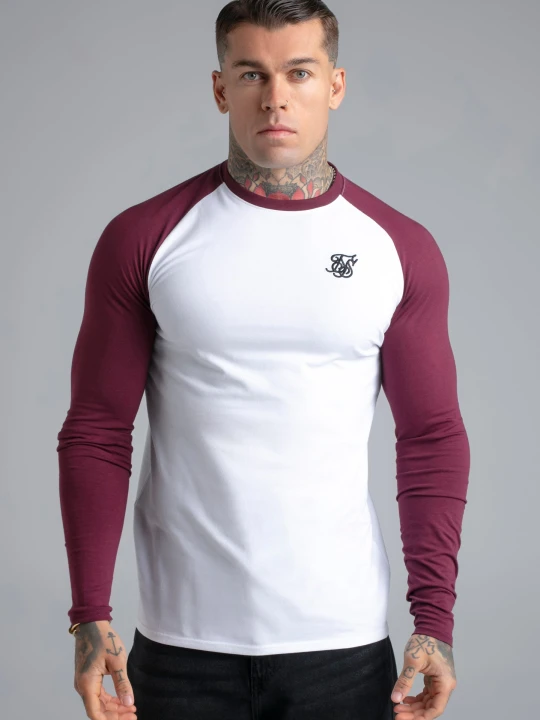 Zdjęcie produktu SikSilk Męski Biały, Burgundowy LS Muscle Fit T-Shirt