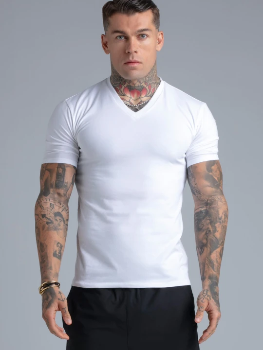 Zdjęcie produktu SikSilk Męski Biały T-shirt z Dekoltem V