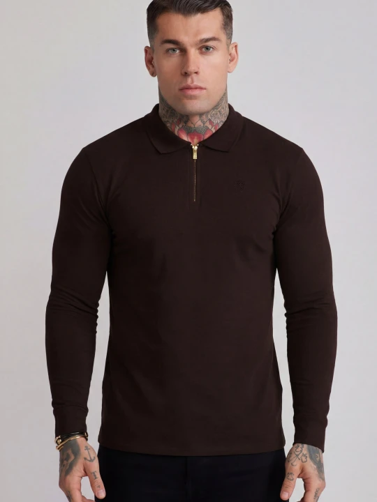 Zdjęcie produktu SikSilk Męski Brązowy LS Zip Polo T-Shirt
