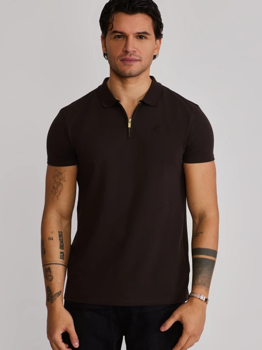 Zdjęcie produktu SikSilk Męski Brązowy Zip Polo T-shirt