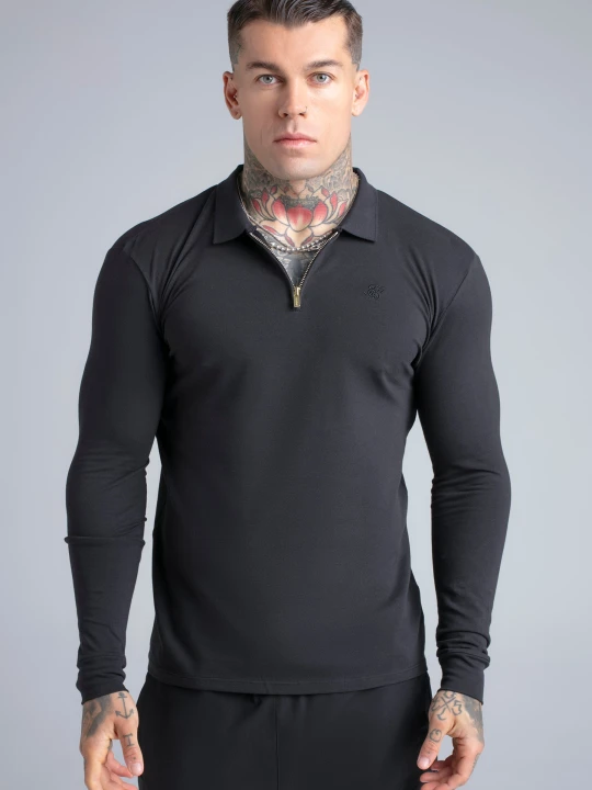 Zdjęcie produktu SikSilk Męski Czarny LS Zip Polo T-Shirt