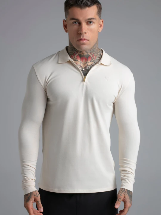 Zdjęcie produktu SikSilk Męski Ecru LS Zip Polo T-Shirt