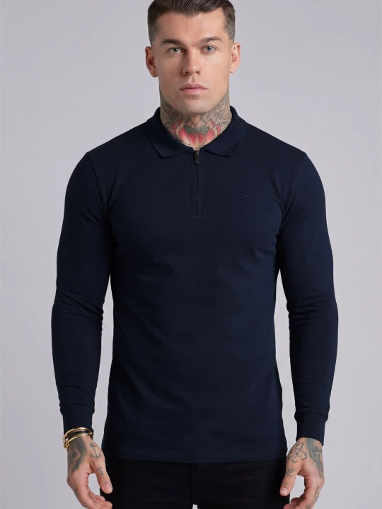 Zdjęcie produktu SikSilk Męski Granatowy LS Zip Polo T-Shirt