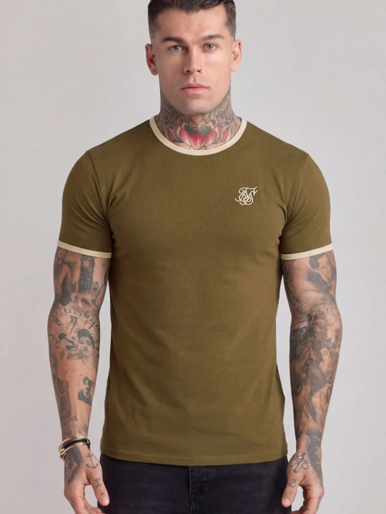 Zdjęcie produktu SikSilk Męski Khaki Green, Ecru Ringer T-Shirt