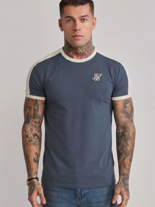 Zdjęcie produktu SikSilk Męski Niebieski, Ecru Prążkowany T-shirt Ringer