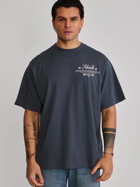Zdjęcie produktu SikSilk Męski Szary Graficzny T-Shirt