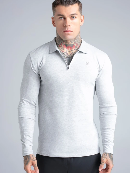 Zdjęcie produktu SikSilk Męski Szary Marl LS Zip Polo T-Shirt