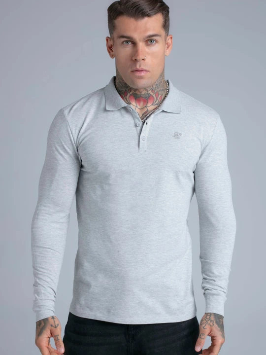 Zdjęcie produktu SikSilk Męski Szary Melanż Długi Rękaw Button Polo
