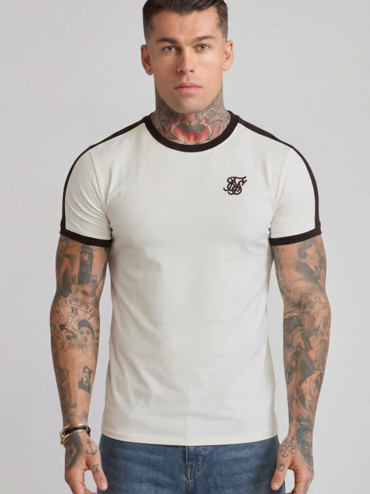 Zdjęcie produktu SikSilk Męski T-Shirt Ringer w paski ecru i brązowy