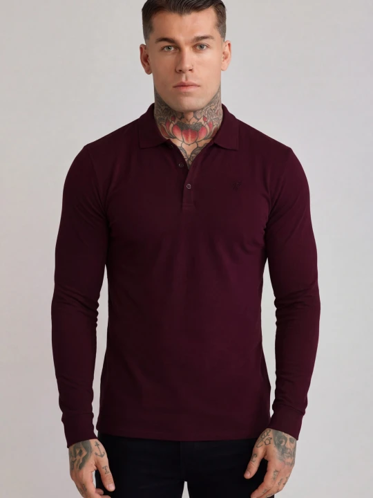 Zdjęcie produktu SikSilk Męskie Bordowe LS Button Polo