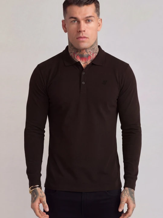 Zdjęcie produktu SikSilk Męskie Brązowe Długi Rękaw Button Polo
