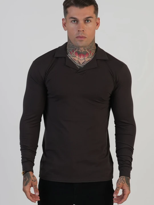 Zdjęcie produktu SikSilk Męskie Brązowe Długi Rękaw Revere Polo
