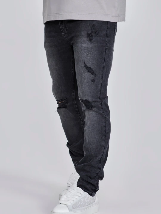 Zdjęcie produktu SikSilk Męskie Czarne Postrzępione Jeansy Slim Fit