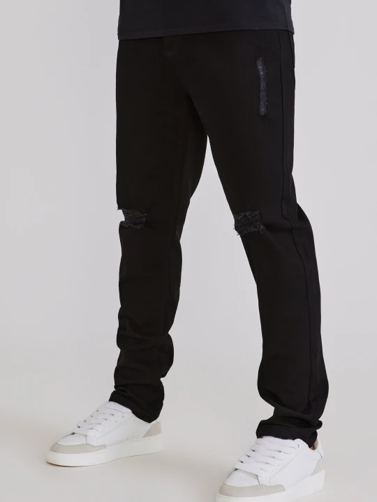 Zdjęcie produktu SikSilk Męskie Czarne Postrzępione Jeansy Slim Fit