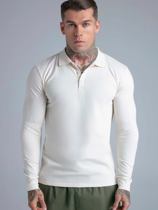 Zdjęcie produktu SikSilk Męskie Ecru z Długim Rękawem Polo z Guzikami