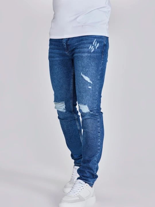 Zdjęcie produktu SikSilk Męskie Niebieskie Postrzępione Jeansy Slim Fit