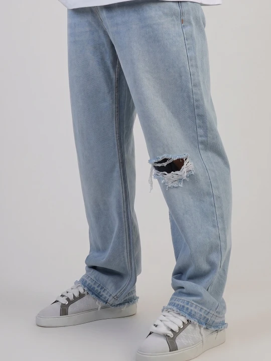 Zdjęcie produktu SikSilk Męskie Prane Jasnoniebieskie Postrzępione Jeansy o Luźnym Kroju