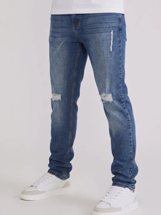 Zdjęcie produktu SikSilk Męskie Prane Średni Niebieski Postrzępione Jeansy Slim Fit