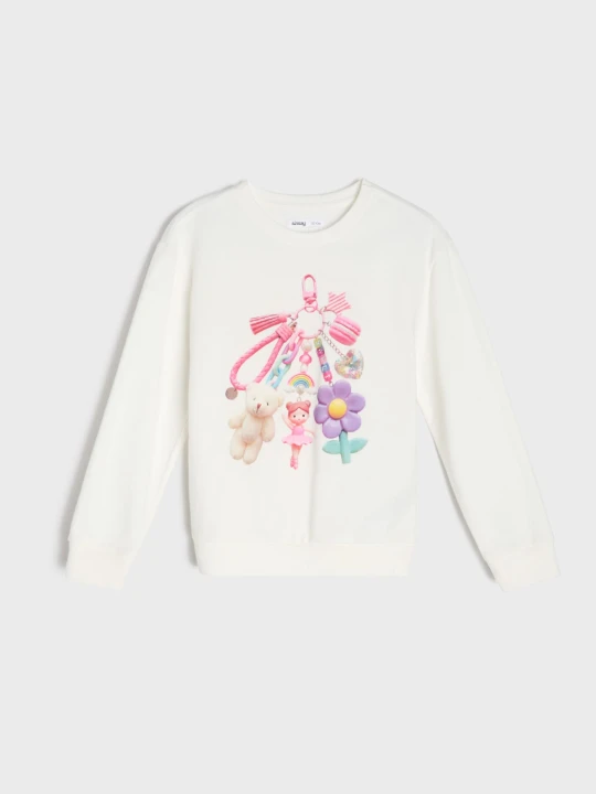 Zdjęcie produktu Sinsay - Bawełniana bluza crewneck z nadrukiem breloka z zawieszkami - kremowy