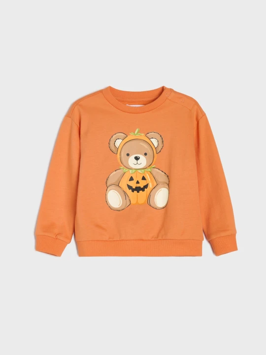 Zdjęcie produktu Sinsay - Bawełniana bluza crewneck z nadrukiem misia - pomarańczowy