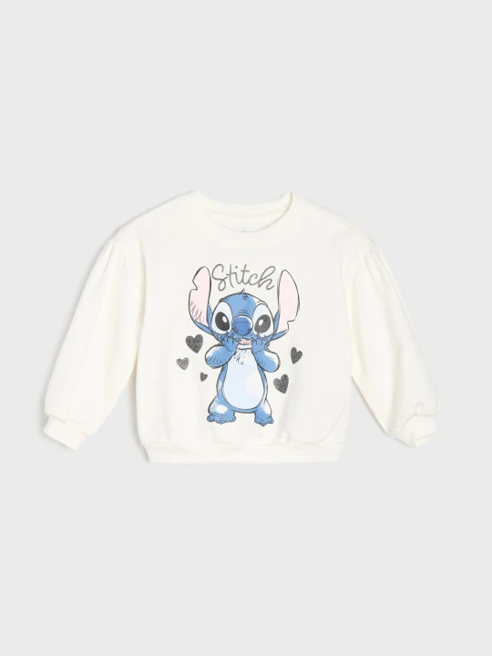 Zdjęcie produktu Sinsay - Bawełniana bluza crewneck z nadrukiem Stitch - kremowy
