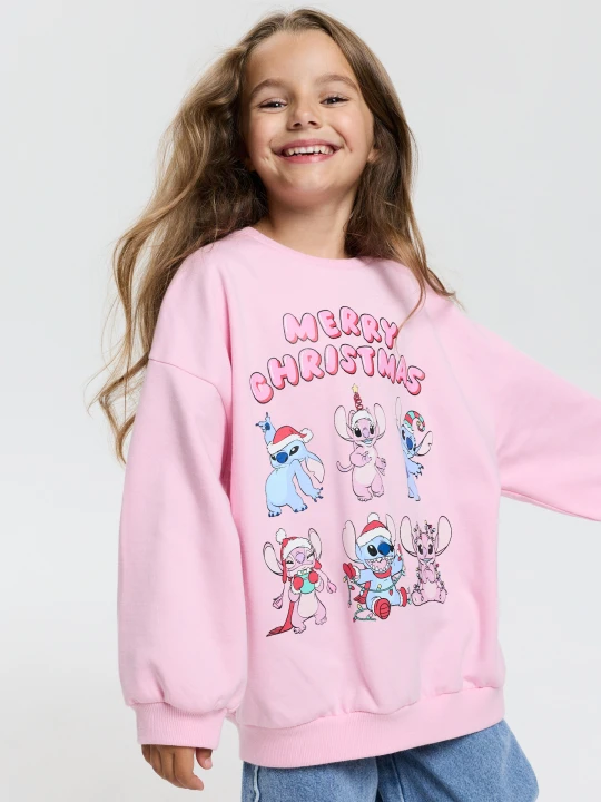 Zdjęcie produktu Sinsay - Bawełniana bluza crewneck z nadrukiem świątecznym Stitch - różowy