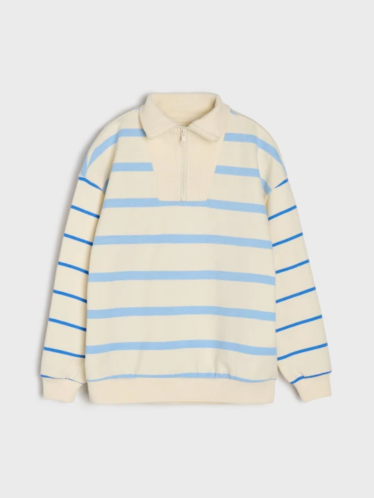 Zdjęcie produktu Sinsay - Bawełniana bluza half-zip w paski - kremowy