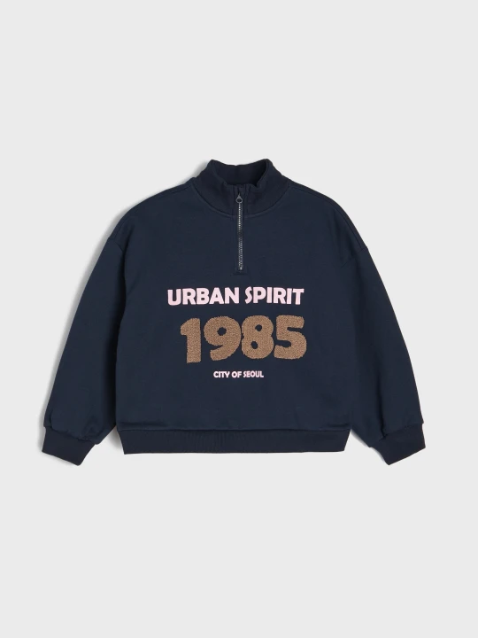 Zdjęcie produktu Sinsay - Bawełniana bluza half-zip z napisem - granatowy