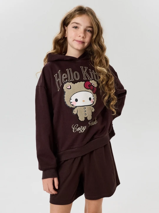 Zdjęcie produktu Sinsay - Bawełniana bluza hoodie z nadrukiem towel effect Hello Kitty - brązowy