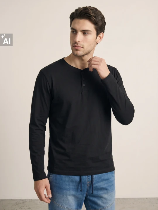 Zdjęcie produktu Sinsay - Bawełniana koszulka henley z długimi rękawami - czarny