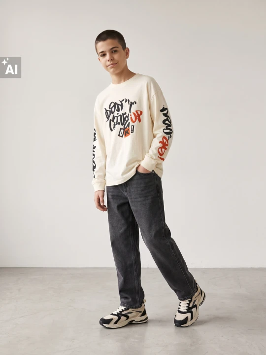 Zdjęcie produktu Sinsay - Bawełniana koszulka longsleeve z nadrukiem graffiti - kremowy