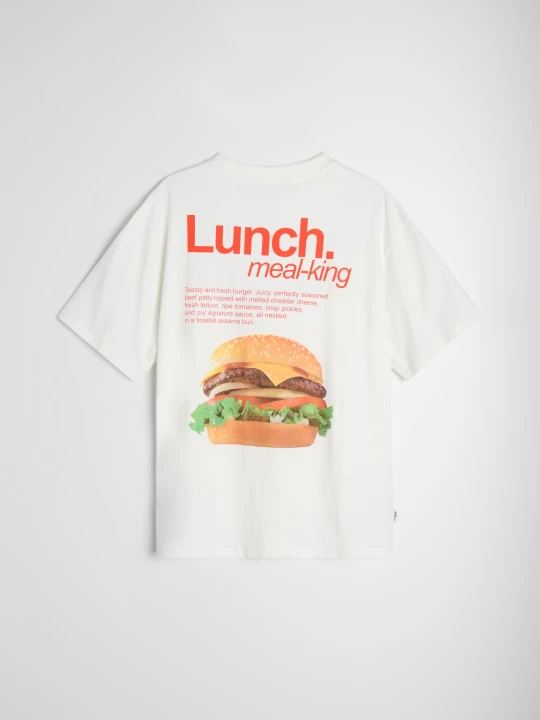 Zdjęcie produktu Sinsay - Bawełniana koszulka loose fit z motywem burgera - kremowy