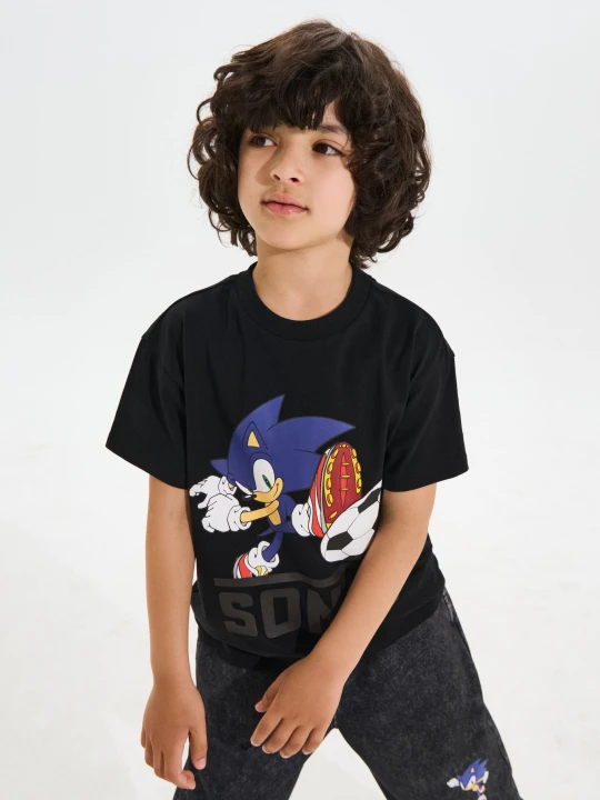 Zdjęcie produktu Sinsay - Bawełniana koszulka loose z nadrukiem Sonic the Hedgehog - czarny