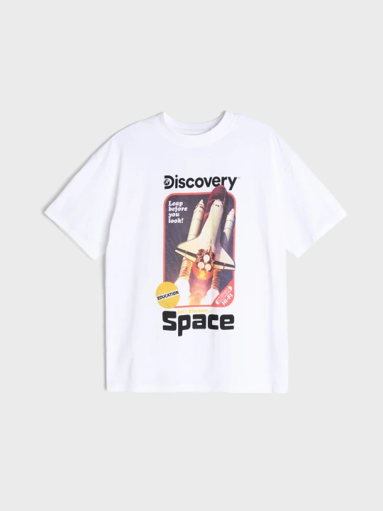 Zdjęcie produktu Sinsay - Bawełniana koszulka oversize z nadrukiem Discovery - biały