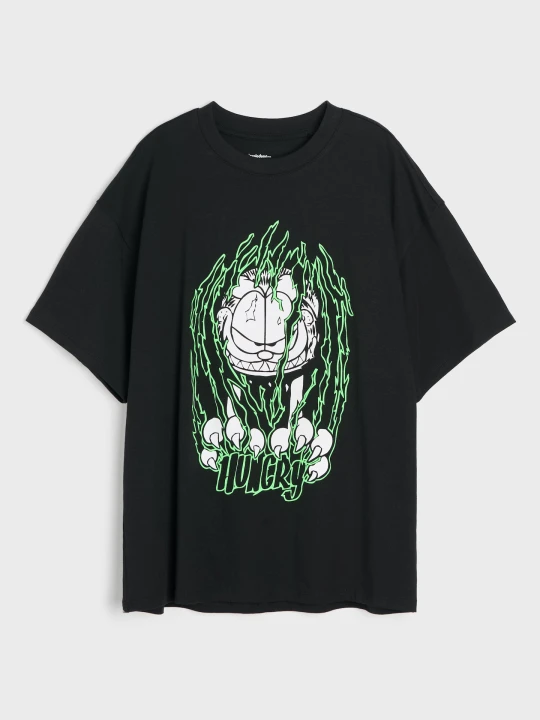 Zdjęcie produktu Sinsay - Bawełniana koszulka oversize z nadrukiem Garfield - czarny