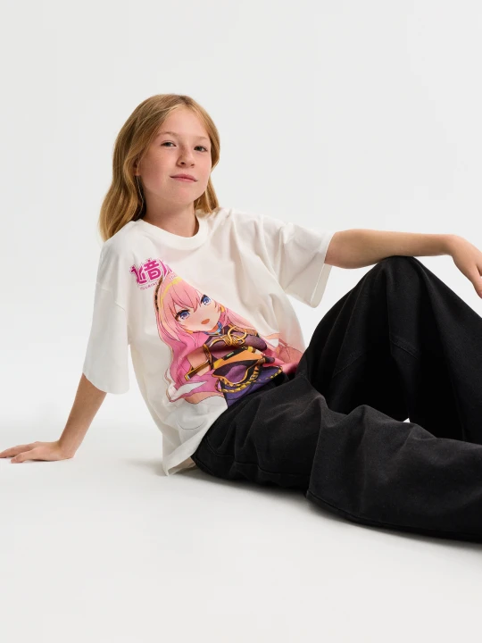 Zdjęcie produktu Sinsay - Bawełniana koszulka oversize z nadrukiem Hatsune Miku - biały