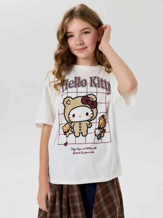 Zdjęcie produktu Sinsay - Bawełniana koszulka oversize z nadrukiem Hello Kitty - kremowy