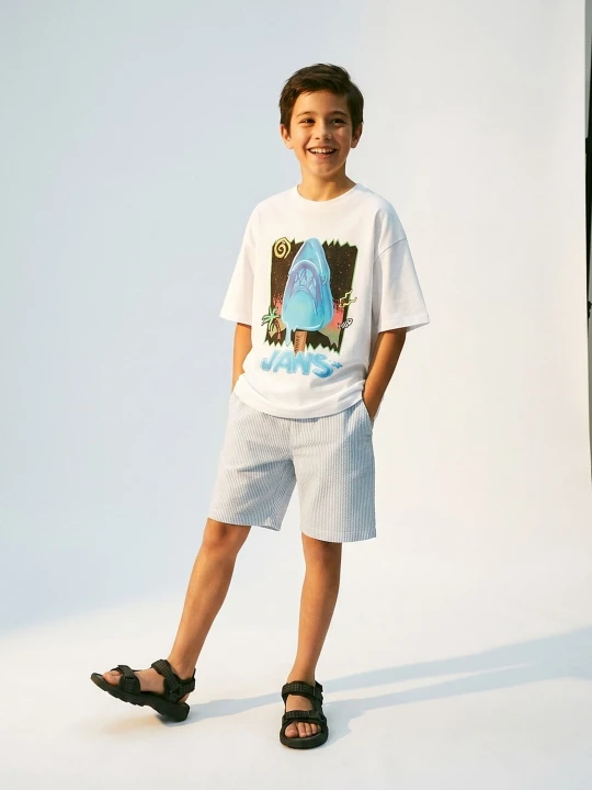 Zdjęcie produktu Sinsay - Bawełniana koszulka oversize z nadrukiem Jaws - biały