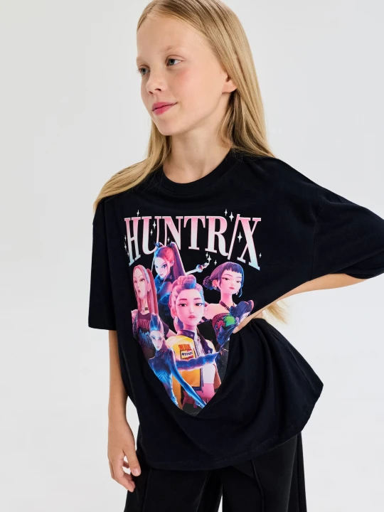 Zdjęcie produktu Sinsay - Bawełniana koszulka oversize z nadrukiem K-Pop Demon Hunters - czarny