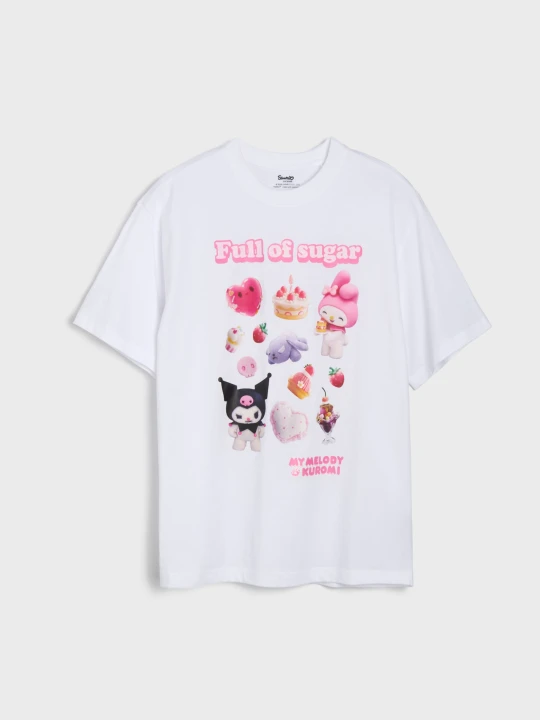 Zdjęcie produktu Sinsay - Bawełniana koszulka oversize z nadrukiem My Melody and Kuromi - kremowy