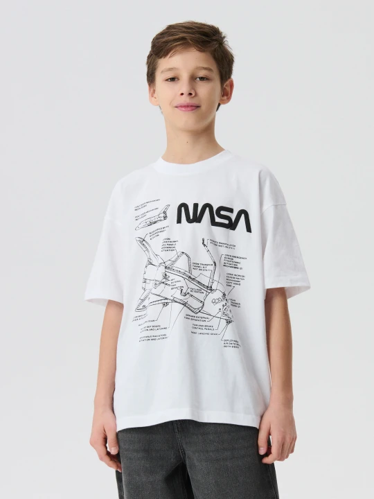 Zdjęcie produktu Sinsay - Bawełniana koszulka oversize z nadrukiem NASA - biały