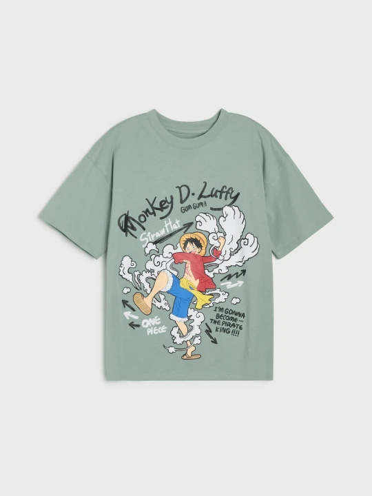 Zdjęcie produktu Sinsay - Bawełniana koszulka oversize z nadrukiem One Piece - szary