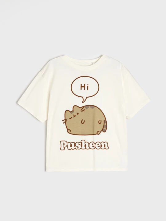 Zdjęcie produktu Sinsay - Bawełniana koszulka oversize z nadrukiem Pusheen the Cat - kremowy