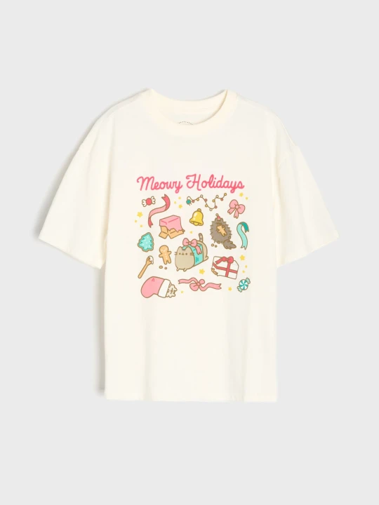 Zdjęcie produktu Sinsay - Bawełniana koszulka oversize z nadrukiem Pusheen the Cat - kremowy