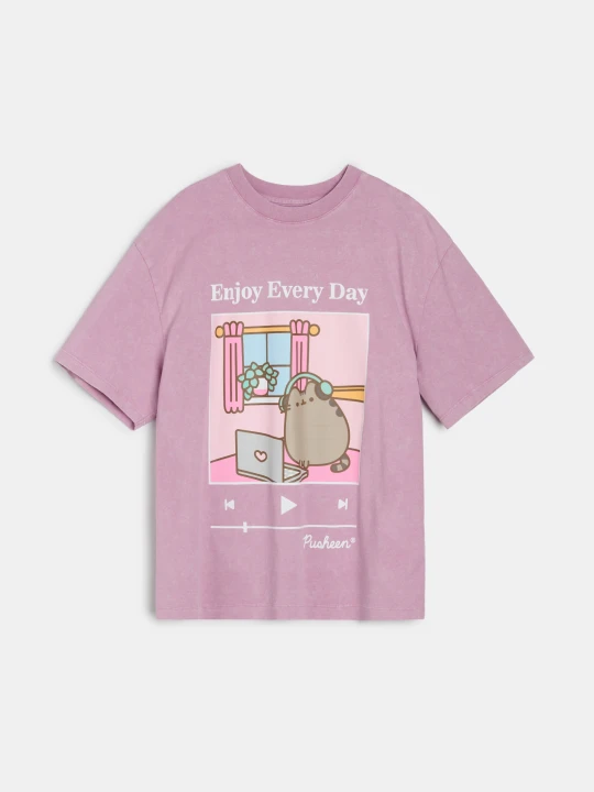 Zdjęcie produktu Sinsay - Bawełniana koszulka oversize z nadrukiem Pusheen the Cat - różowy
