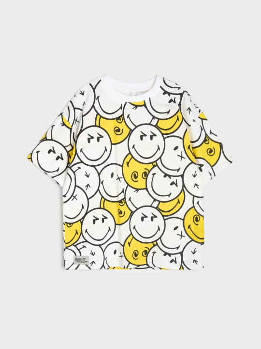Zdjęcie produktu Sinsay - Bawełniana koszulka oversize z nadrukiem SmileyWorld® - biały