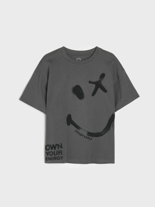 Zdjęcie produktu Sinsay - Bawełniana koszulka oversize z nadrukiem SmileyWorld® - szary