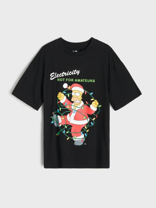Zdjęcie produktu Sinsay - Bawełniana koszulka oversize z nadrukiem świątecznym The Simpsons - czarny