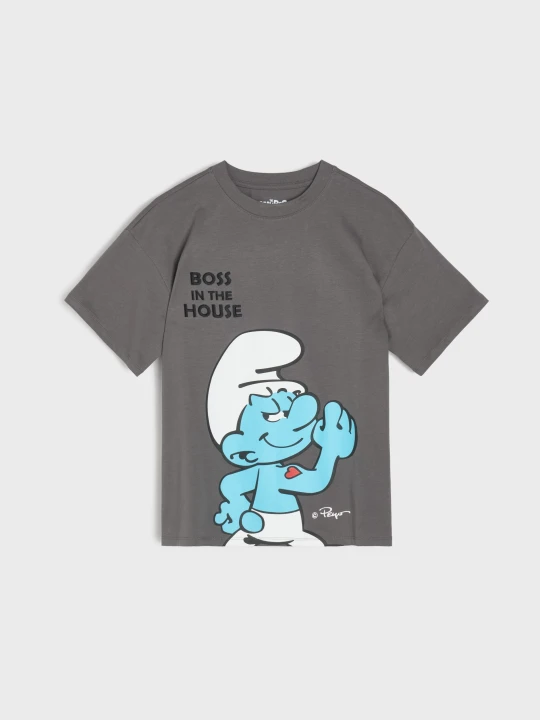 Zdjęcie produktu Sinsay - Bawełniana koszulka oversize z nadrukiem The Smurfs - szary